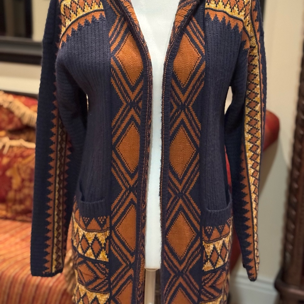 Lucky Brand Blue and Orange Cardigan Sweater with Geometric Pattern